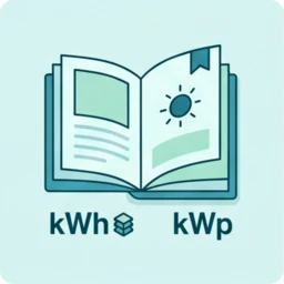 Il·lustració editorial d'un llibre obert amb un sol i les unitats kWh i kWp.