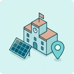 Il·lustració editorial d'un edifici civic amb plaques i un punt de mapa.